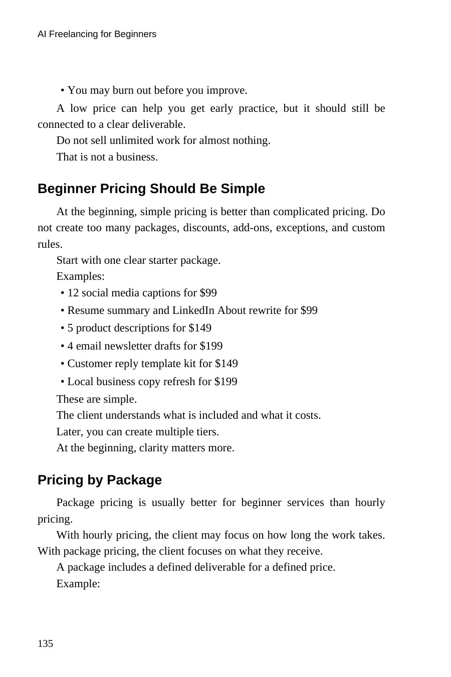 AI Freelancing for Beginners — interior spread: Beginner pricing should be simple