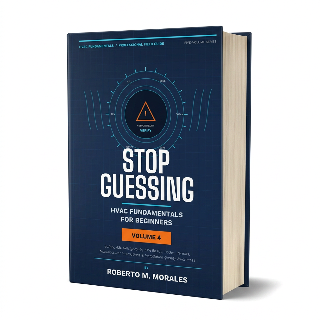 Printed edition of Stop Guessing: HVAC Fundamentals for Beginners — Volume 4 — front 3/4 angle