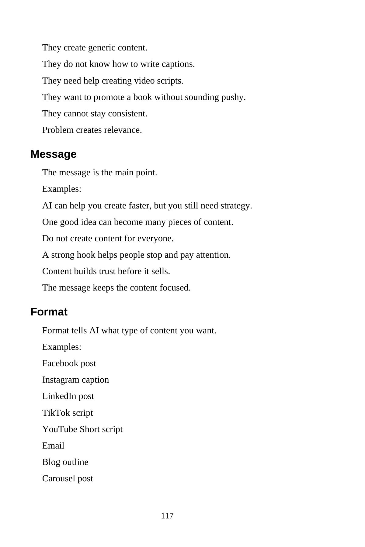 AI Content Creation for Beginners — interior spread: Problem, message, and format