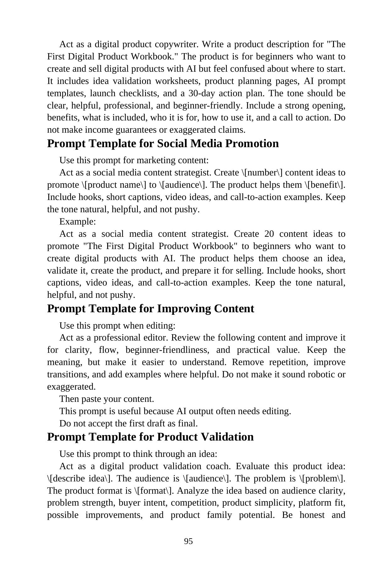 AI Digital Products for Beginners — interior spread: Prompt template: product description