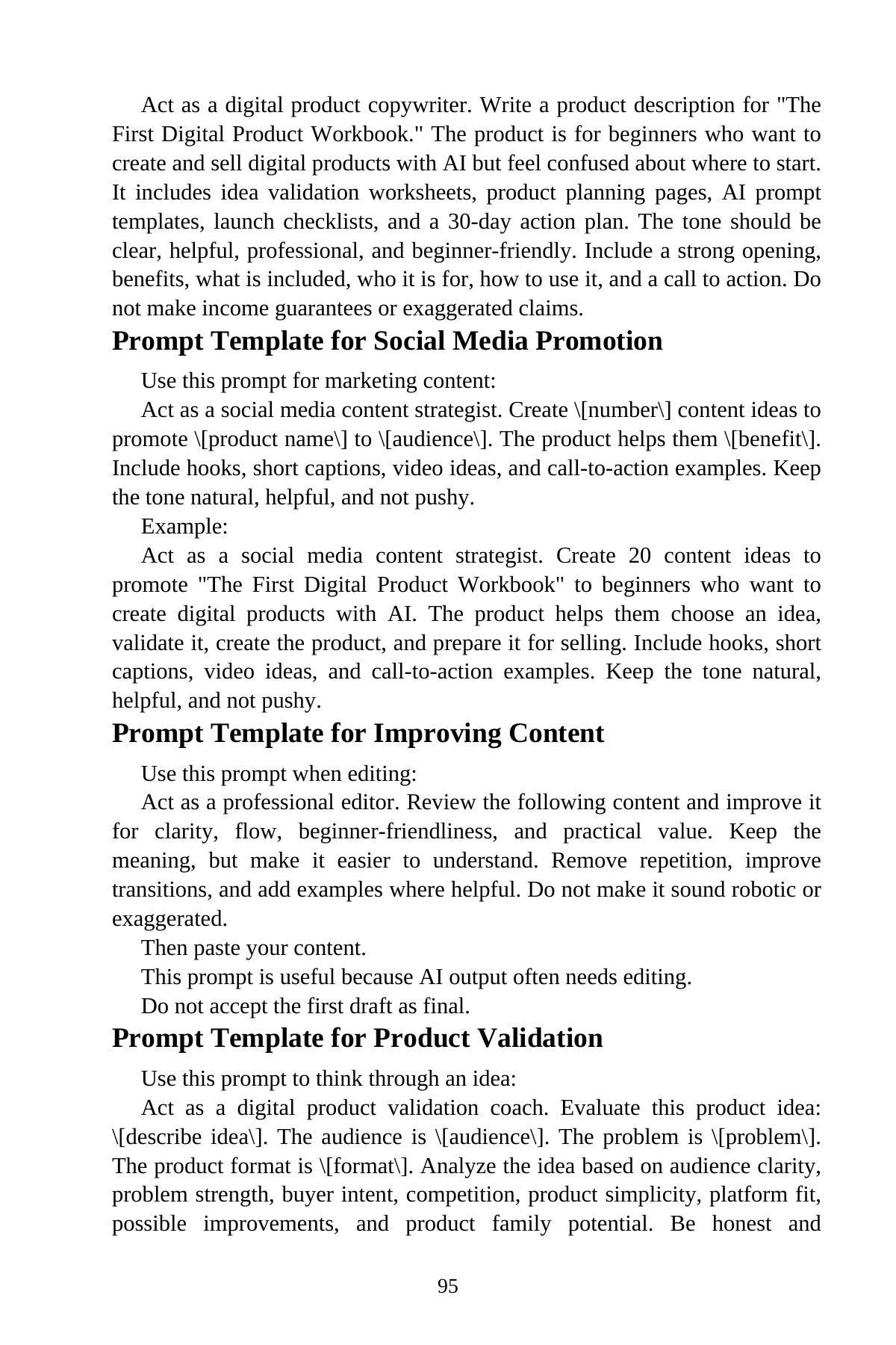 AI Digital Products for Beginners — interior spread: Prompt template: product description