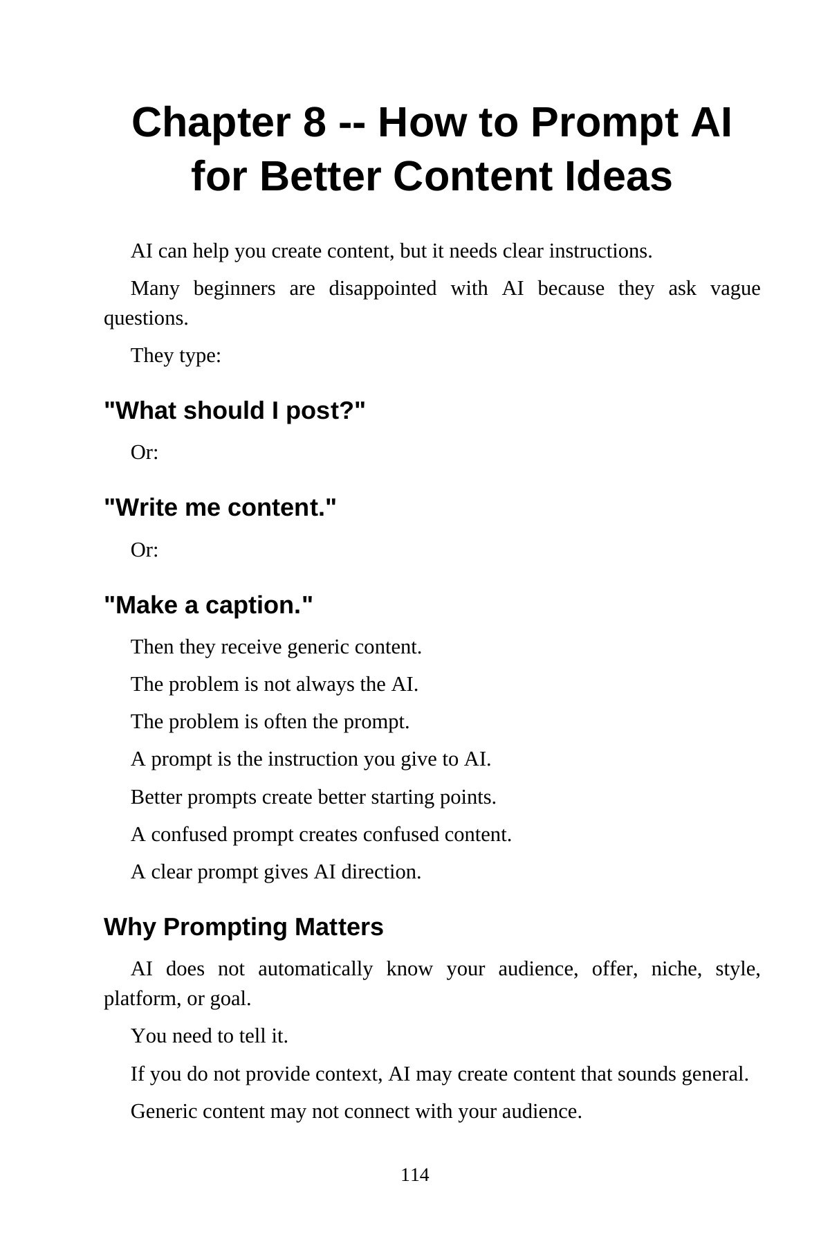 AI Content Creation for Beginners — interior spread: Chapter 8 — How to prompt AI for better ideas