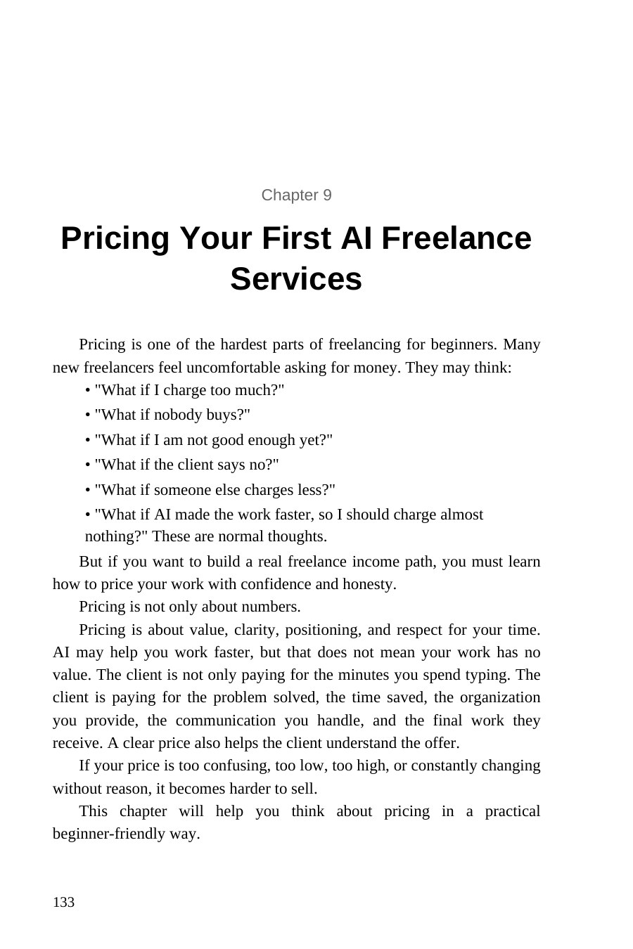 AI Freelancing for Beginners — interior spread: Chapter 9 — Pricing your first services