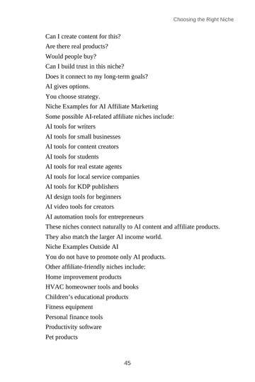Choosing the Right Niche — niche-fit questions · Printed p. 45 · PDF page 55