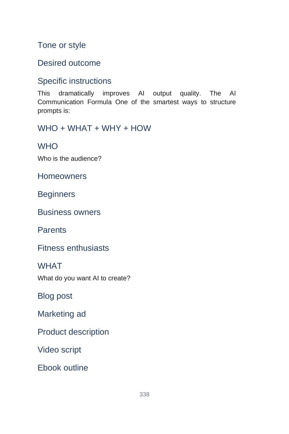 Make Money with AI for Beginners — interior spread: The AI communication formula (p. 338)