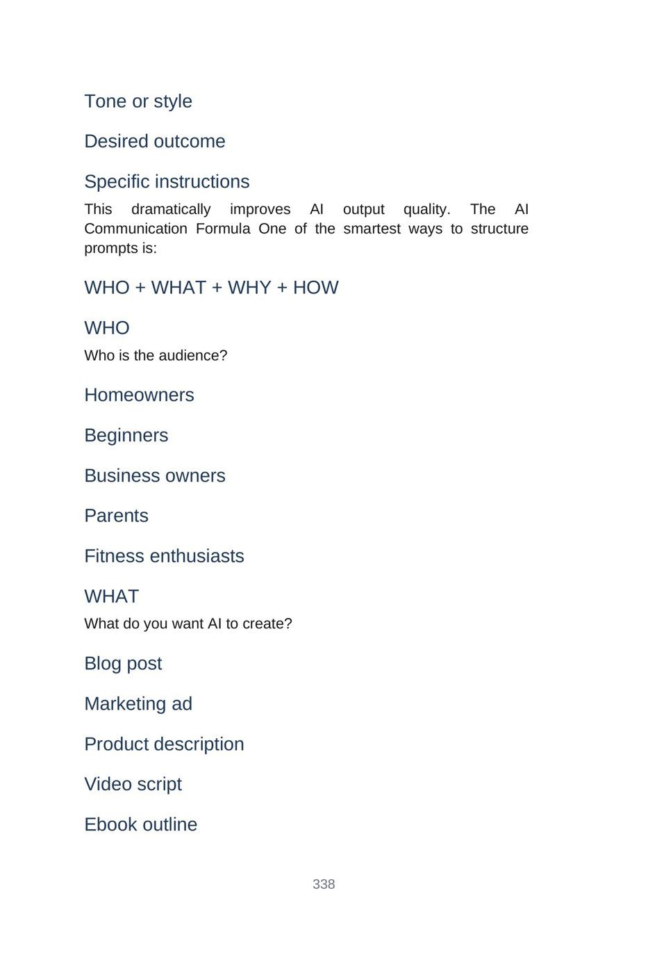 Make Money with AI for Beginners — interior spread: The AI communication formula (p. 338)