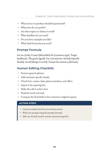 Chapter 23: Client Intake, Better Prompts, and Human Editing — Prompt Formula · Printed p. 64 · PDF page 73