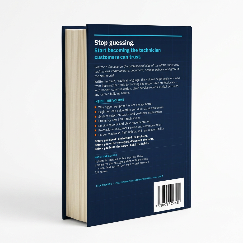 Printed edition of Stop Guessing: HVAC Fundamentals for Beginners — Volume 5 — back 3/4 angle