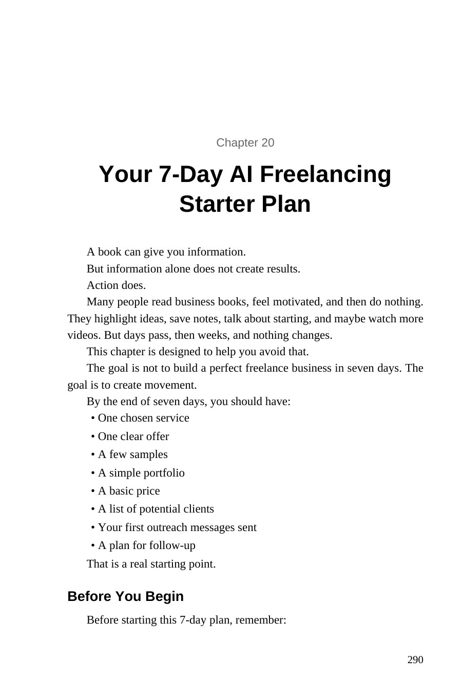 AI Freelancing for Beginners — interior spread: Chapter 20 — 7-day starter plan