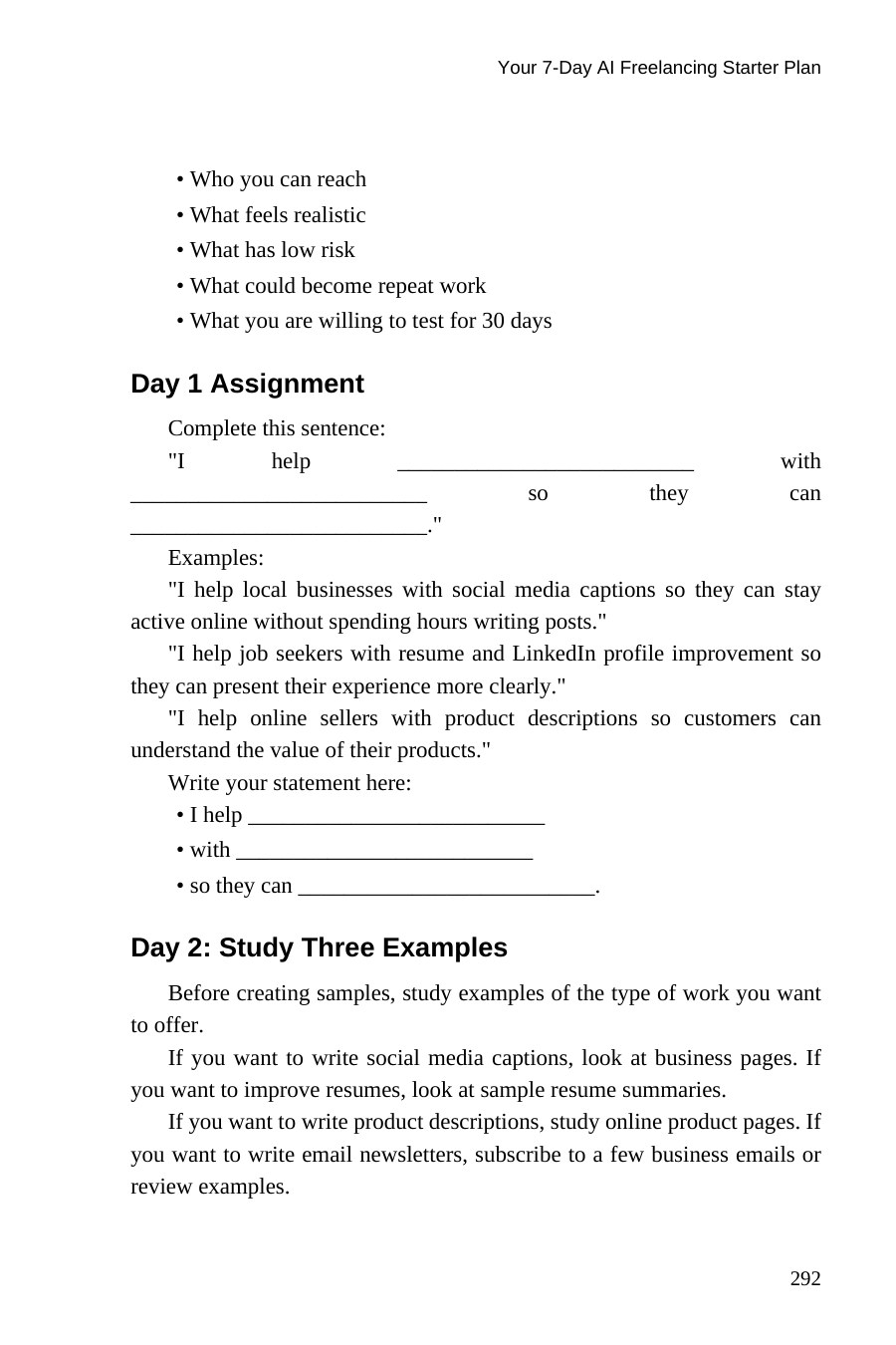 AI Freelancing for Beginners — interior spread: Day 1 assignment — your offer