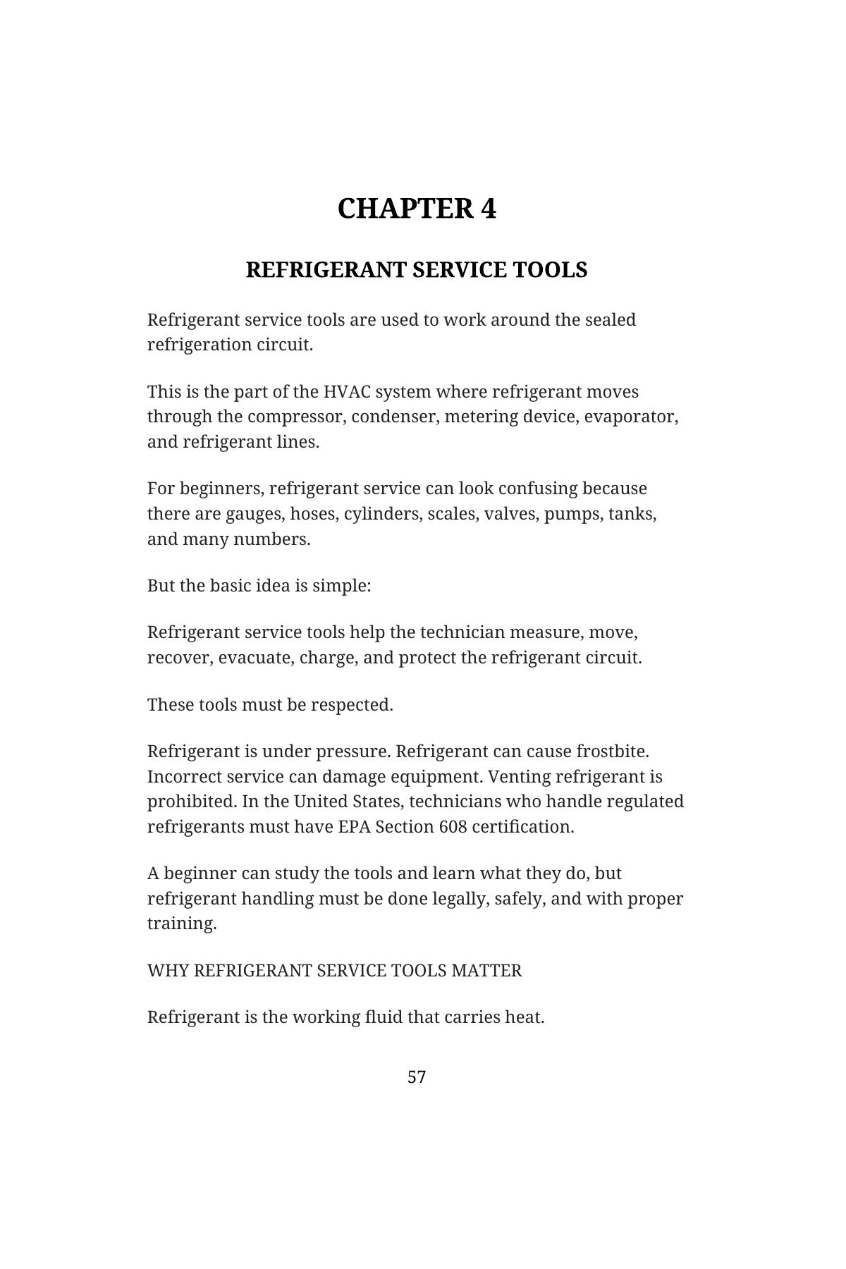 Stop Guessing: HVAC Fundamentals for Beginners — Volume 2 — interior spread: Chapter 4 — Refrigerant Service Tools