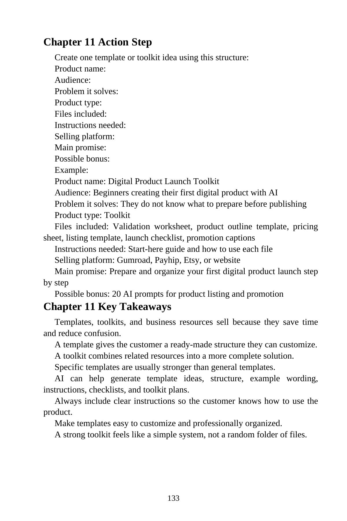 AI Digital Products for Beginners — interior spread: Chapter action step: toolkits