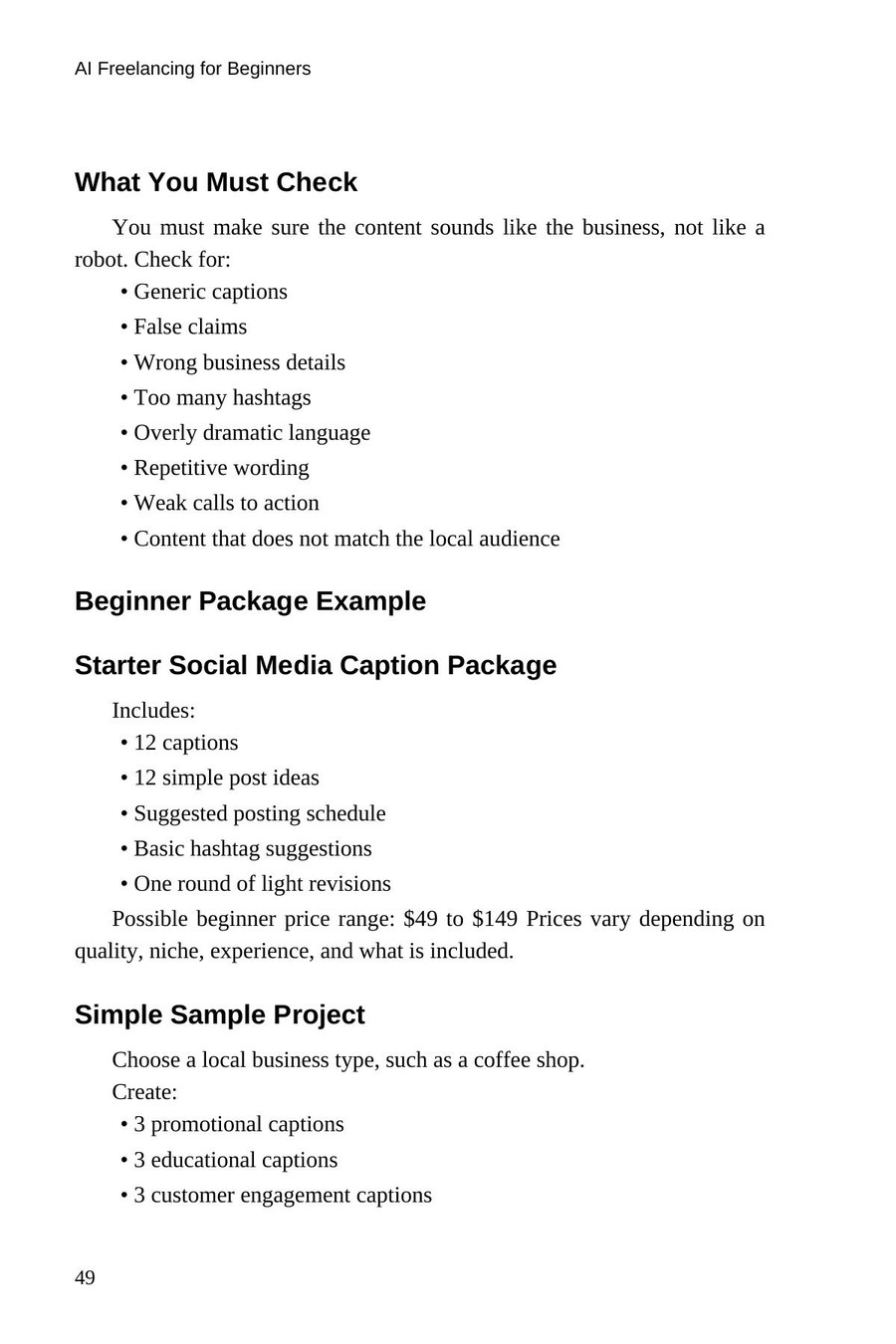 AI Freelancing for Beginners — interior spread: Quality checks and a starter package