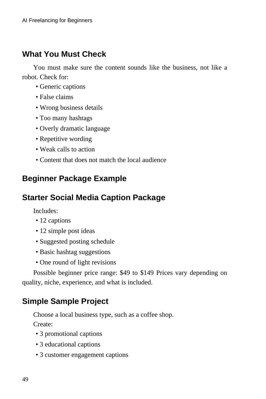 AI Freelancing for Beginners — interior spread: Quality checks and a starter package