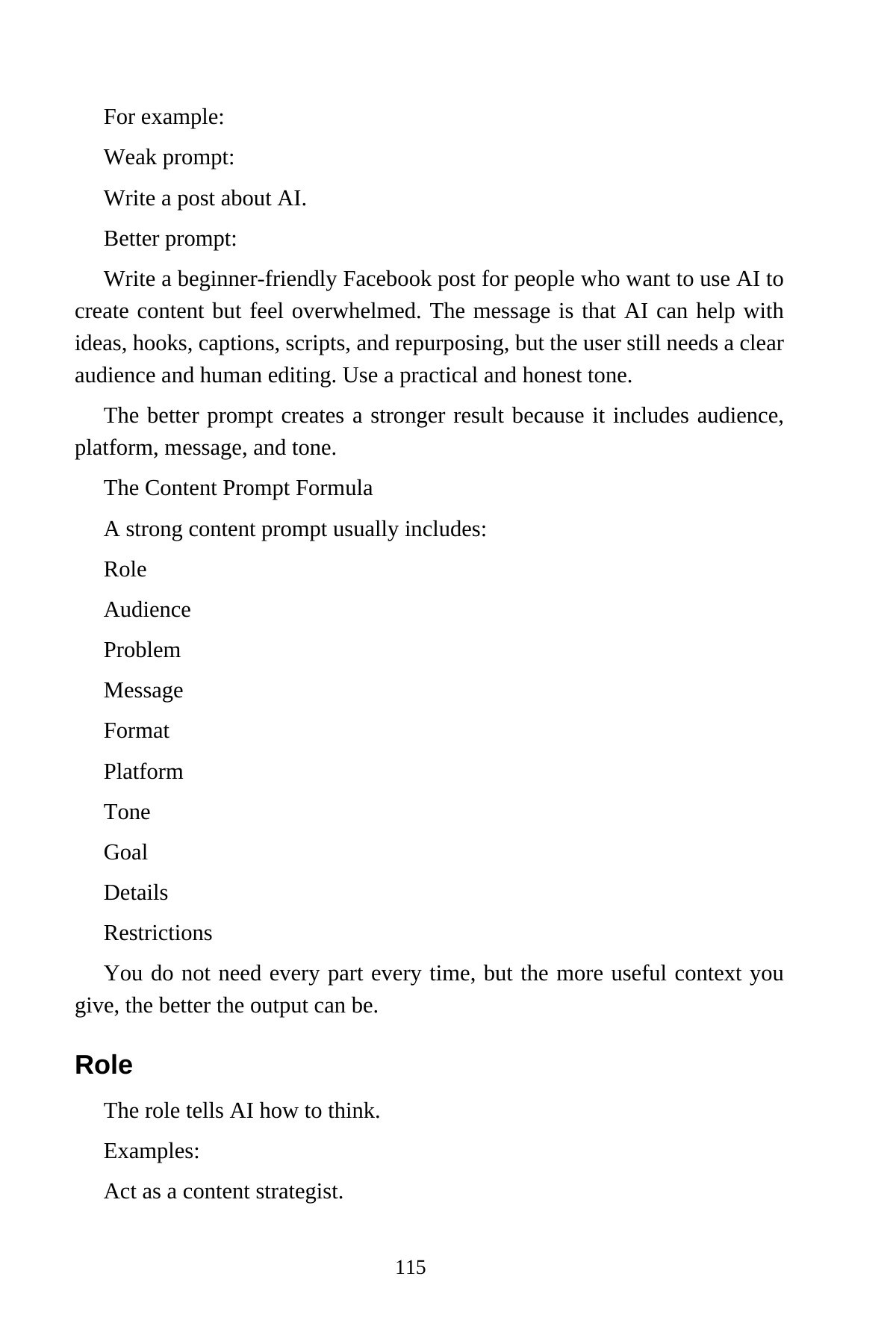 AI Content Creation for Beginners — interior spread: Weak prompt vs. better prompt