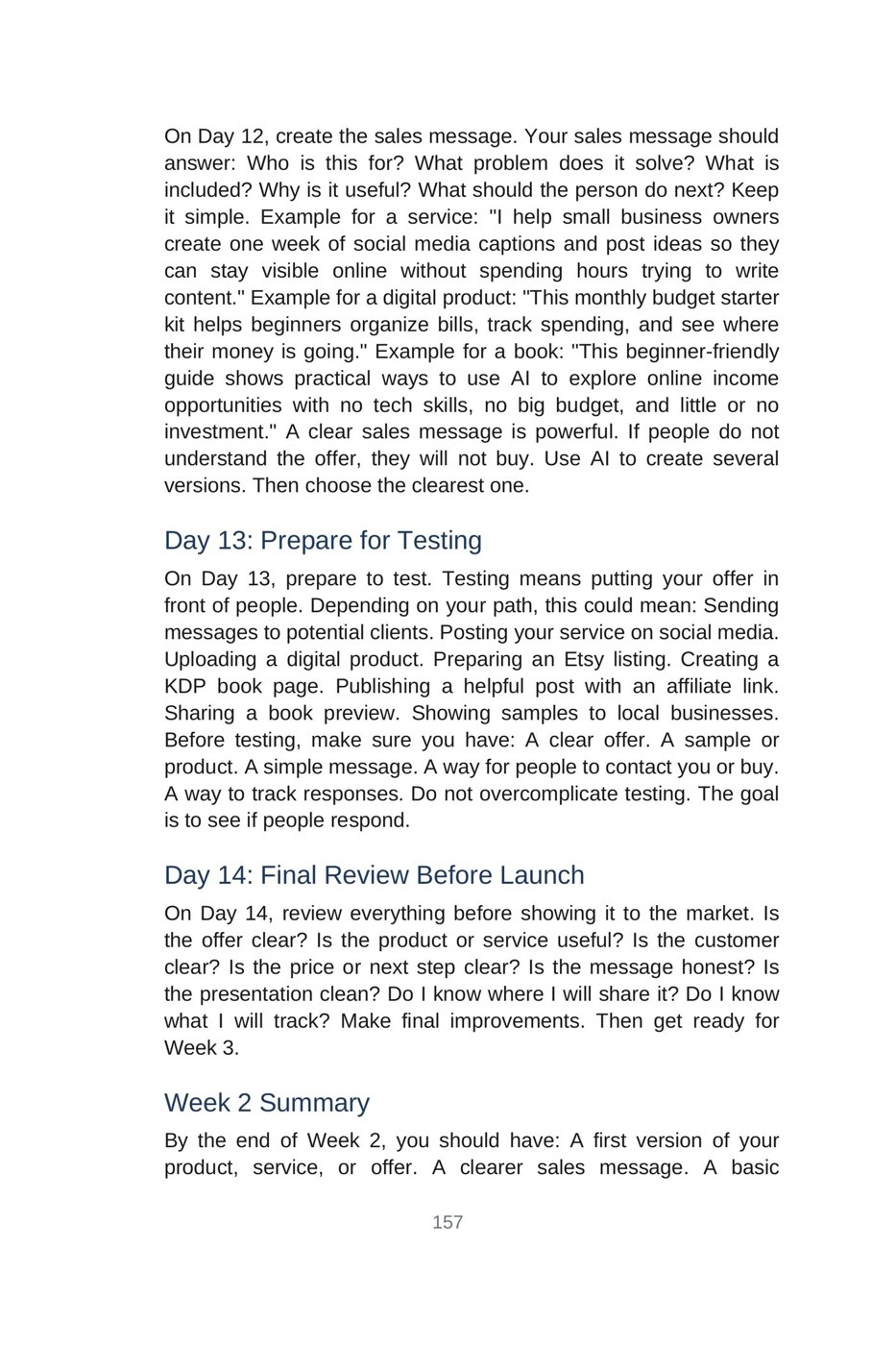Make Money with AI for Beginners — interior spread: Week 2 — Day 12: the sales message (p. 157)