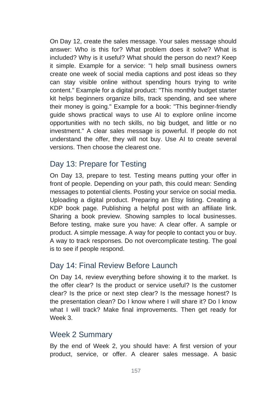 Make Money with AI for Beginners — interior spread: Week 2 — Day 12: the sales message (p. 157)