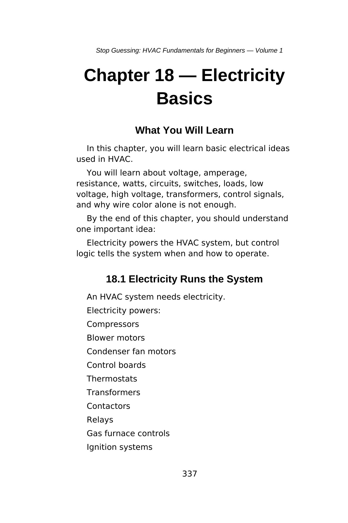 Stop Guessing: HVAC Fundamentals for Beginners — Volume 1 — interior spread: Chapter 18 — Electricity Basics