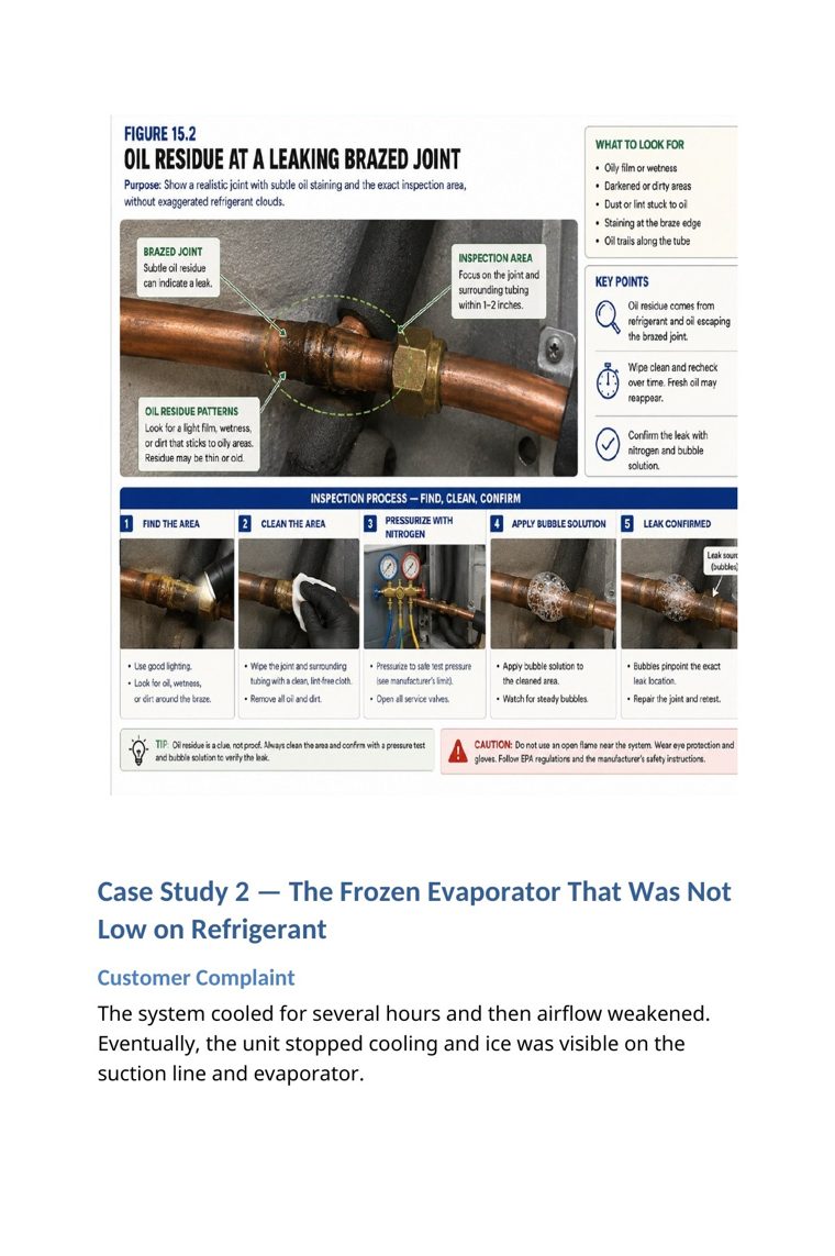 Case study 2 — the frozen evaporator that was not low on refrigerant, with airflow evidence and verification — from The Complete HVAC Troubleshooting System