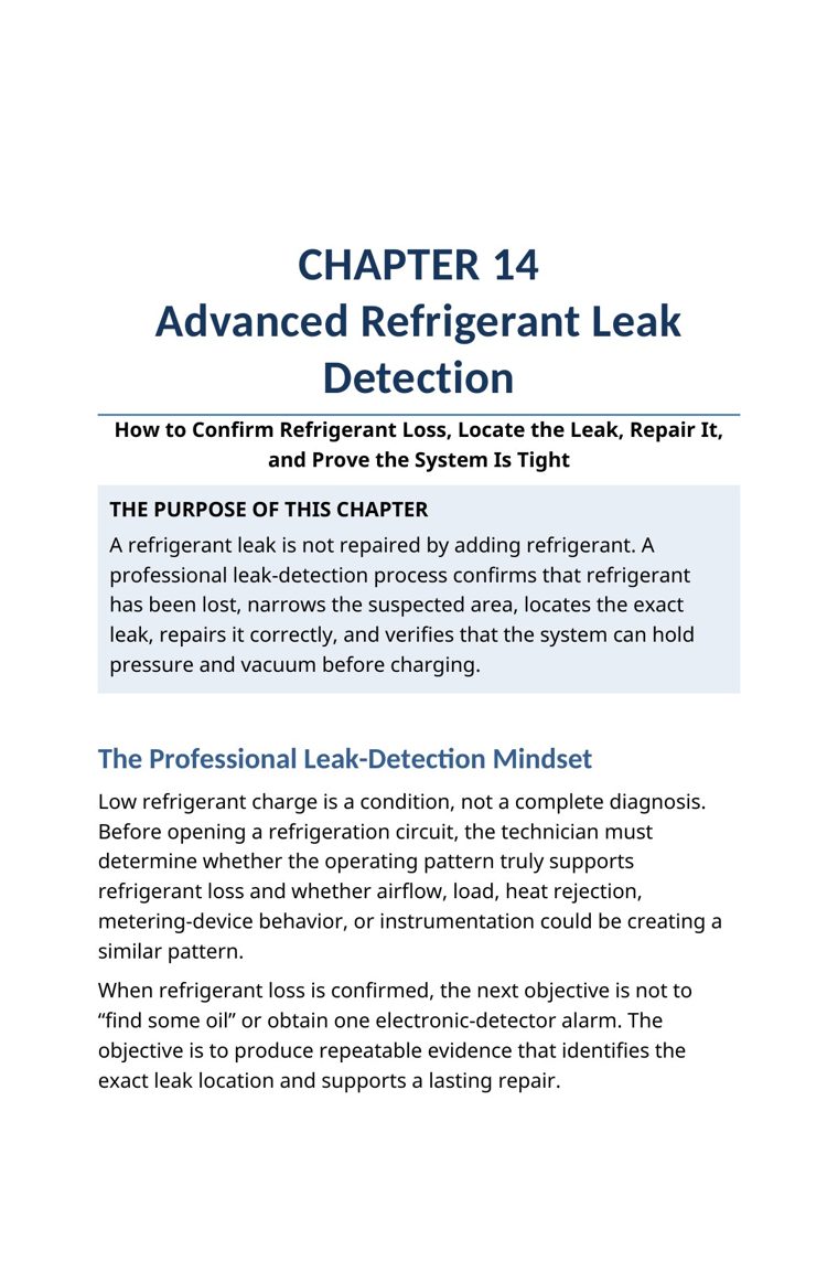 Chapter 14 opening page — advanced refrigerant leak detection, locating the leak and proving the system is tight — from The Complete HVAC Troubleshooting System
