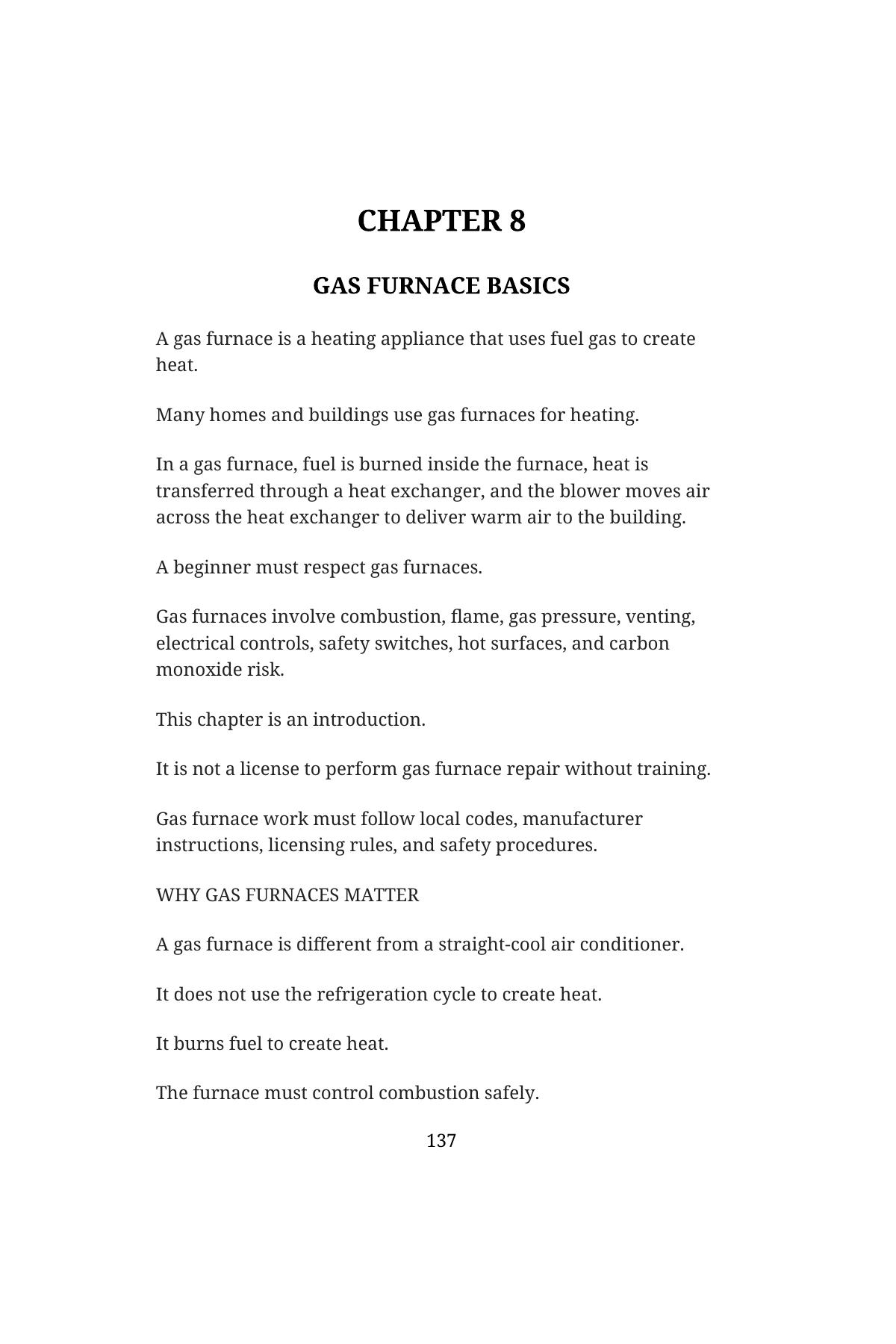 Stop Guessing: HVAC Fundamentals for Beginners — Volume 2 — interior spread: Chapter 8 — Gas Furnace Basics