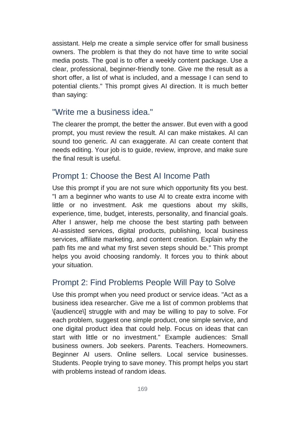 Make Money with AI for Beginners — interior spread: Prompting that gets real results (p. 169)