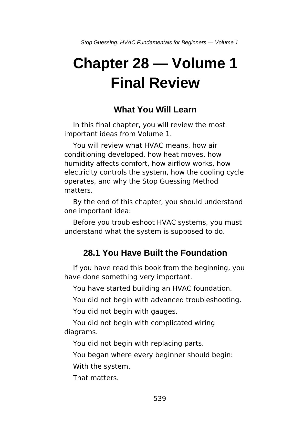 Stop Guessing: HVAC Fundamentals for Beginners — Volume 1 — interior spread: Chapter 28 — Volume 1 Final Review