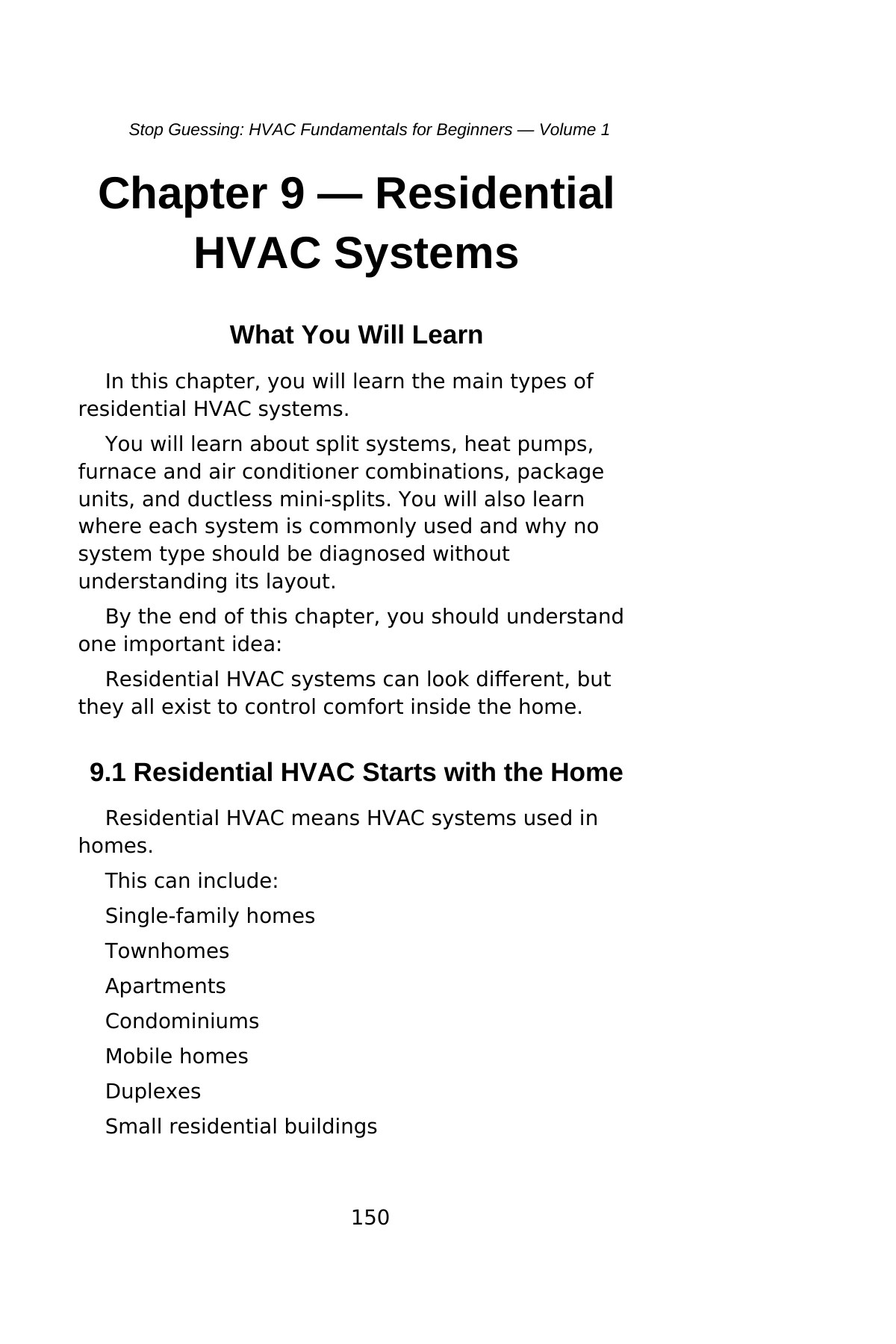 Stop Guessing: HVAC Fundamentals for Beginners — Volume 1 — interior spread: Chapter 9 — Residential HVAC Systems