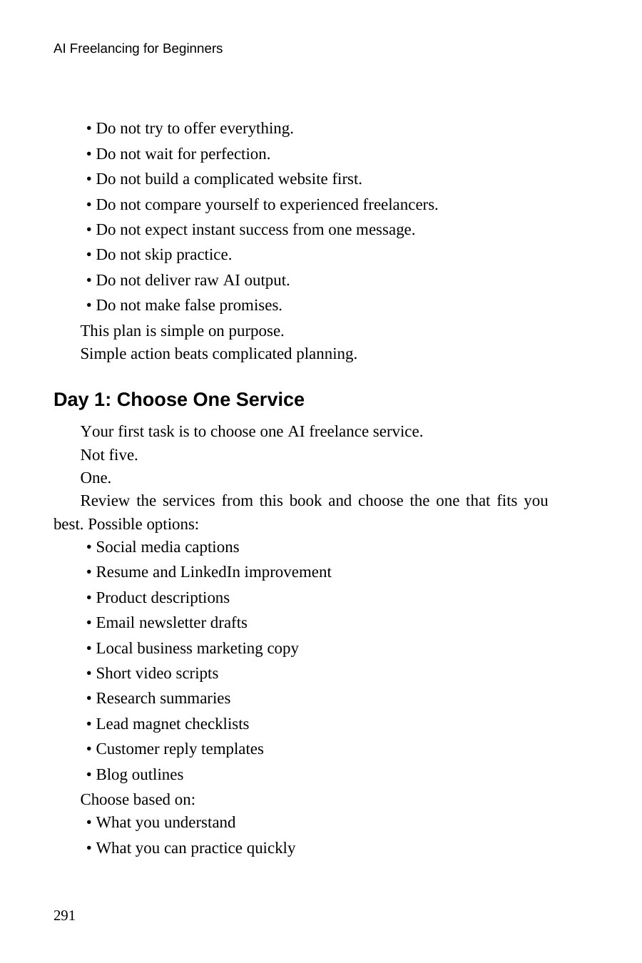 AI Freelancing for Beginners — interior spread: Day 1 — Choose one service