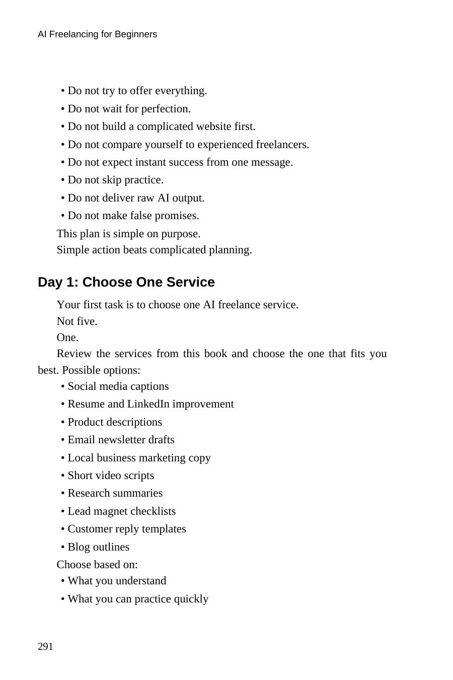 AI Freelancing for Beginners — interior spread: Day 1 — Choose one service