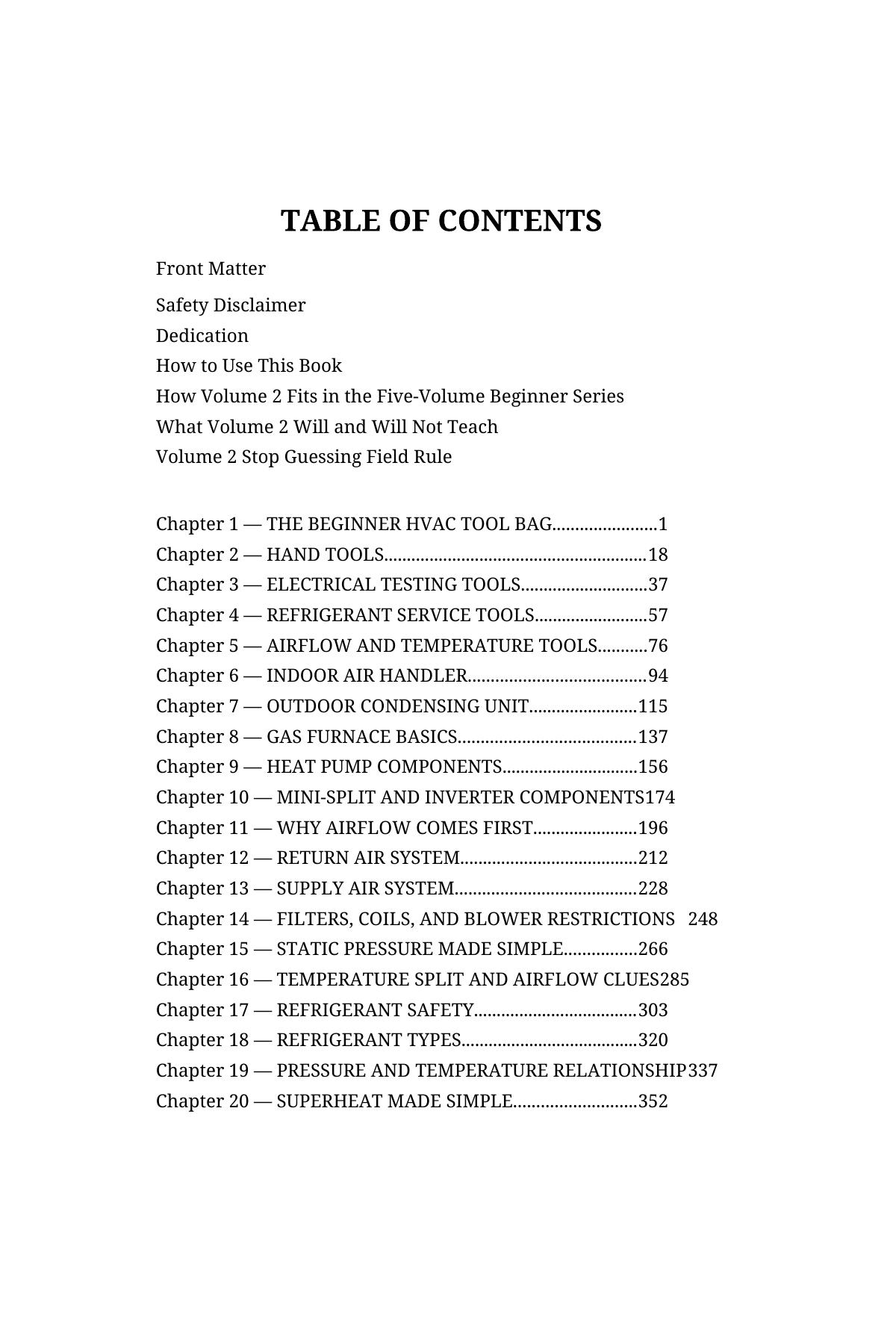 Stop Guessing: HVAC Fundamentals for Beginners — Volume 2 — interior spread: Table of Contents