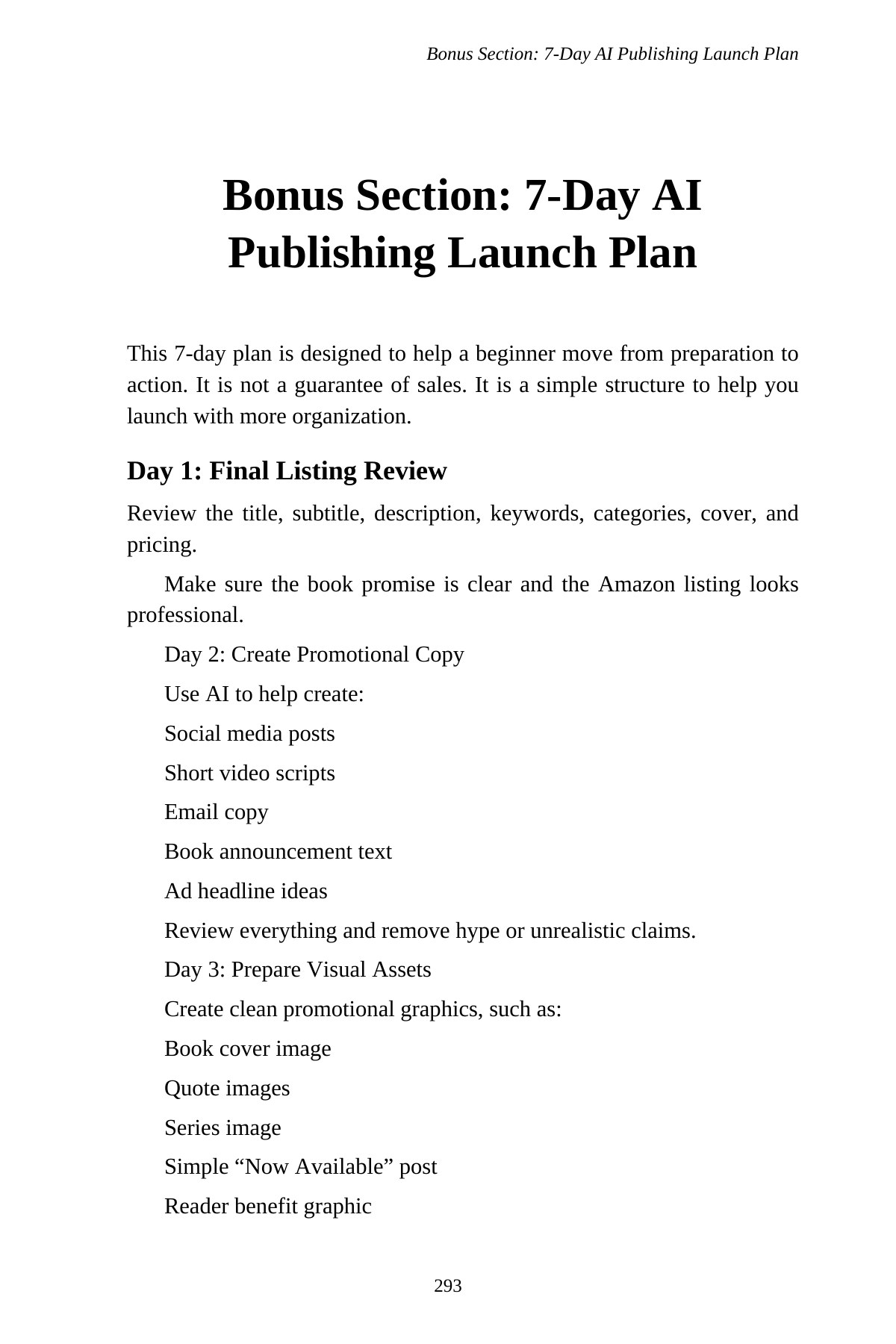AI Publishing for Beginners — interior spread: 7-Day AI Publishing Launch Plan