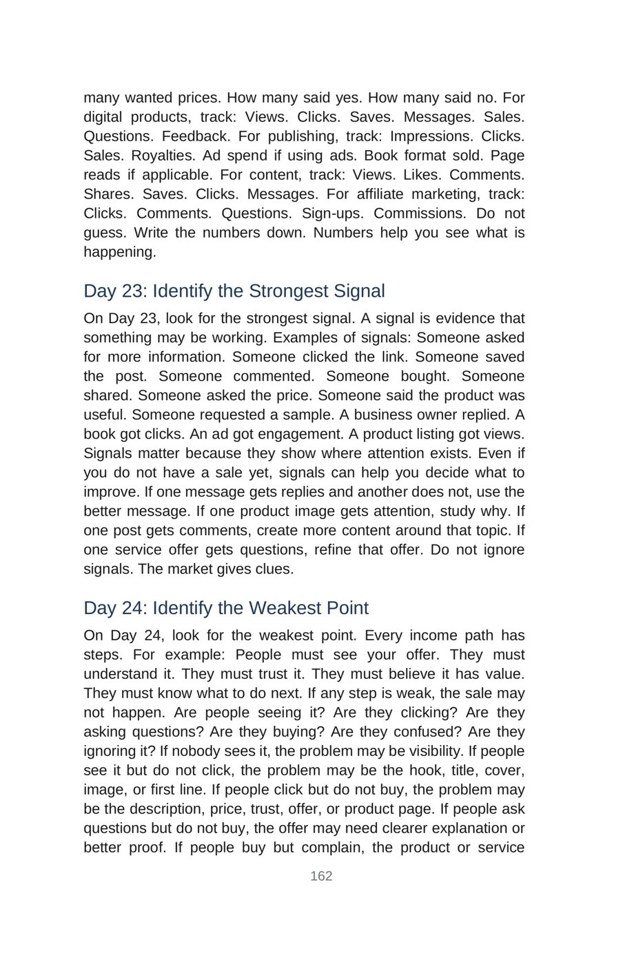 Make Money with AI for Beginners — interior spread: Week 4 — Track what happens (p. 162)