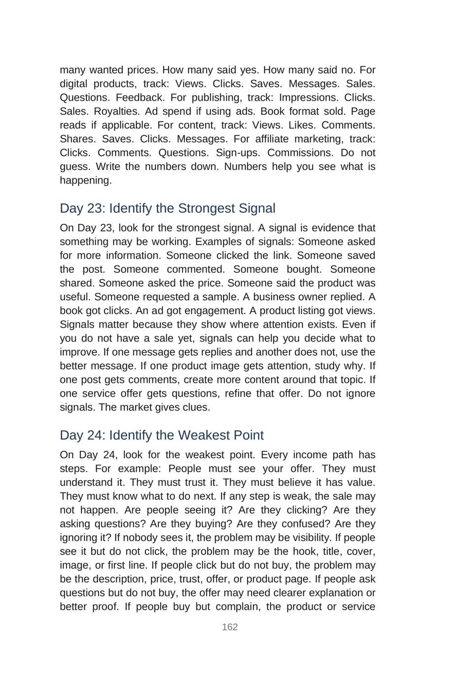 Make Money with AI for Beginners — interior spread: Week 4 — Track what happens (p. 162)