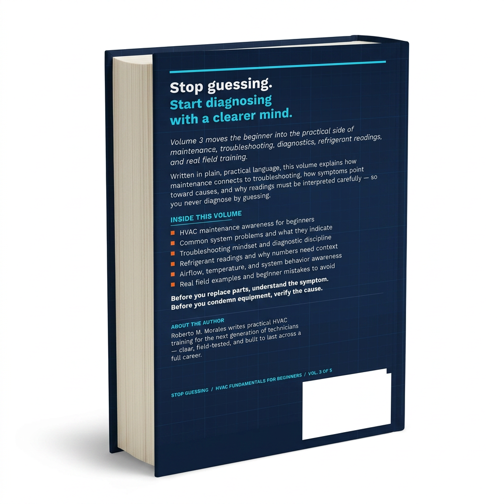 Printed edition of Stop Guessing: HVAC Fundamentals for Beginners — Volume 3 — back 3/4 angle