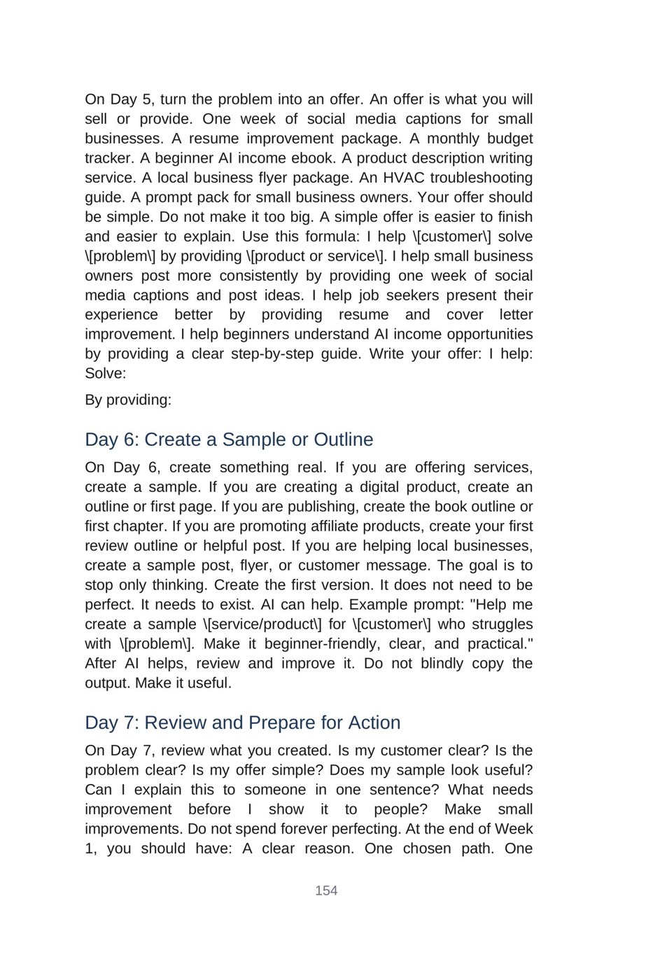 Make Money with AI for Beginners — interior spread: Week 1 — Day 5: build the offer (p. 154)