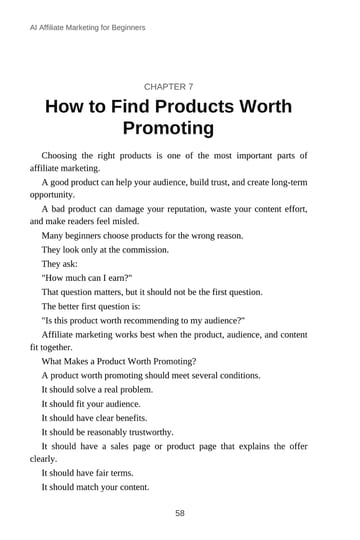 Chapter 7 · How to Find Products Worth Promoting · p. 58