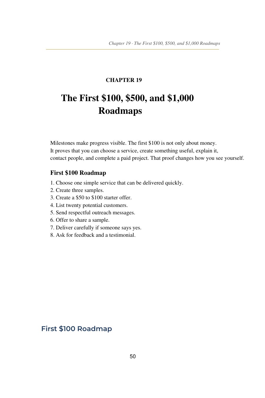 AI Side Hustles for Beginners — interior spread: First $100, $500, $1,000
