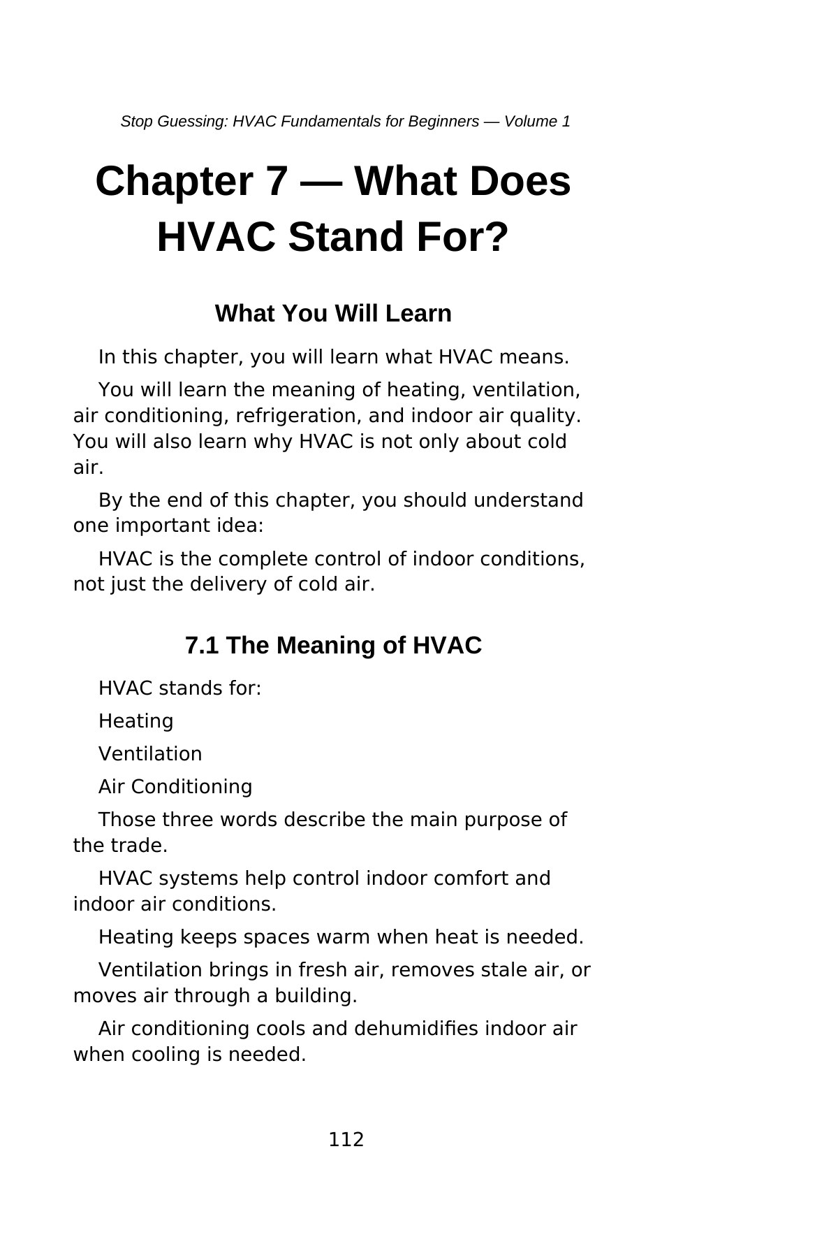 Stop Guessing: HVAC Fundamentals for Beginners — Volume 1 — interior spread: Chapter 7 — What Does HVAC Stand For?