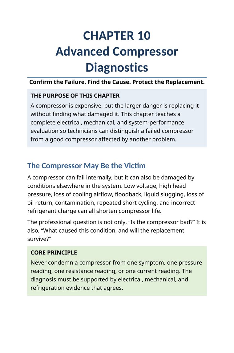 Chapter 10 opening page — advanced compressor diagnostics and how to protect the replacement compressor — from The Complete HVAC Troubleshooting System