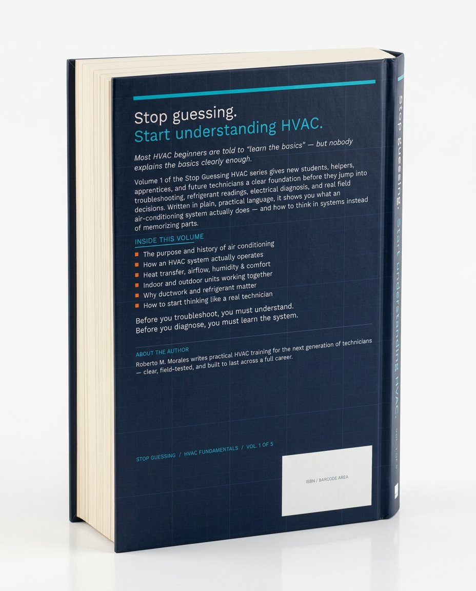 Printed edition of Stop Guessing: HVAC Fundamentals for Beginners — Volume 1 — back 3/4 angle