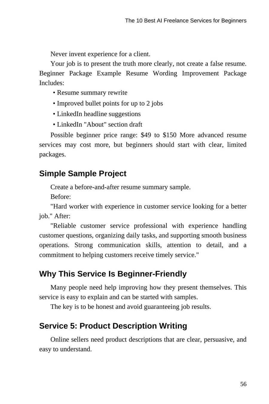 AI Freelancing for Beginners — interior spread: Resume and LinkedIn improvement package