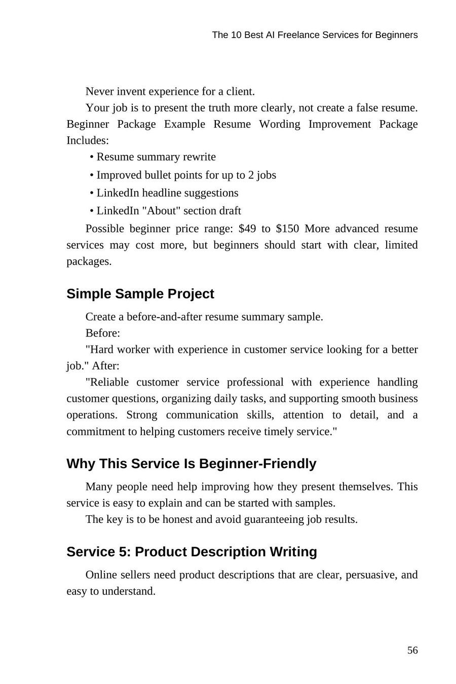AI Freelancing for Beginners — interior spread: Resume and LinkedIn improvement package