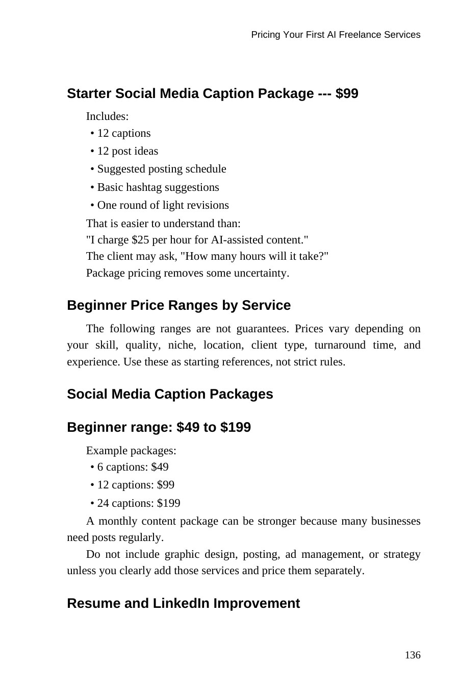 AI Freelancing for Beginners — interior spread: Package pricing and price ranges