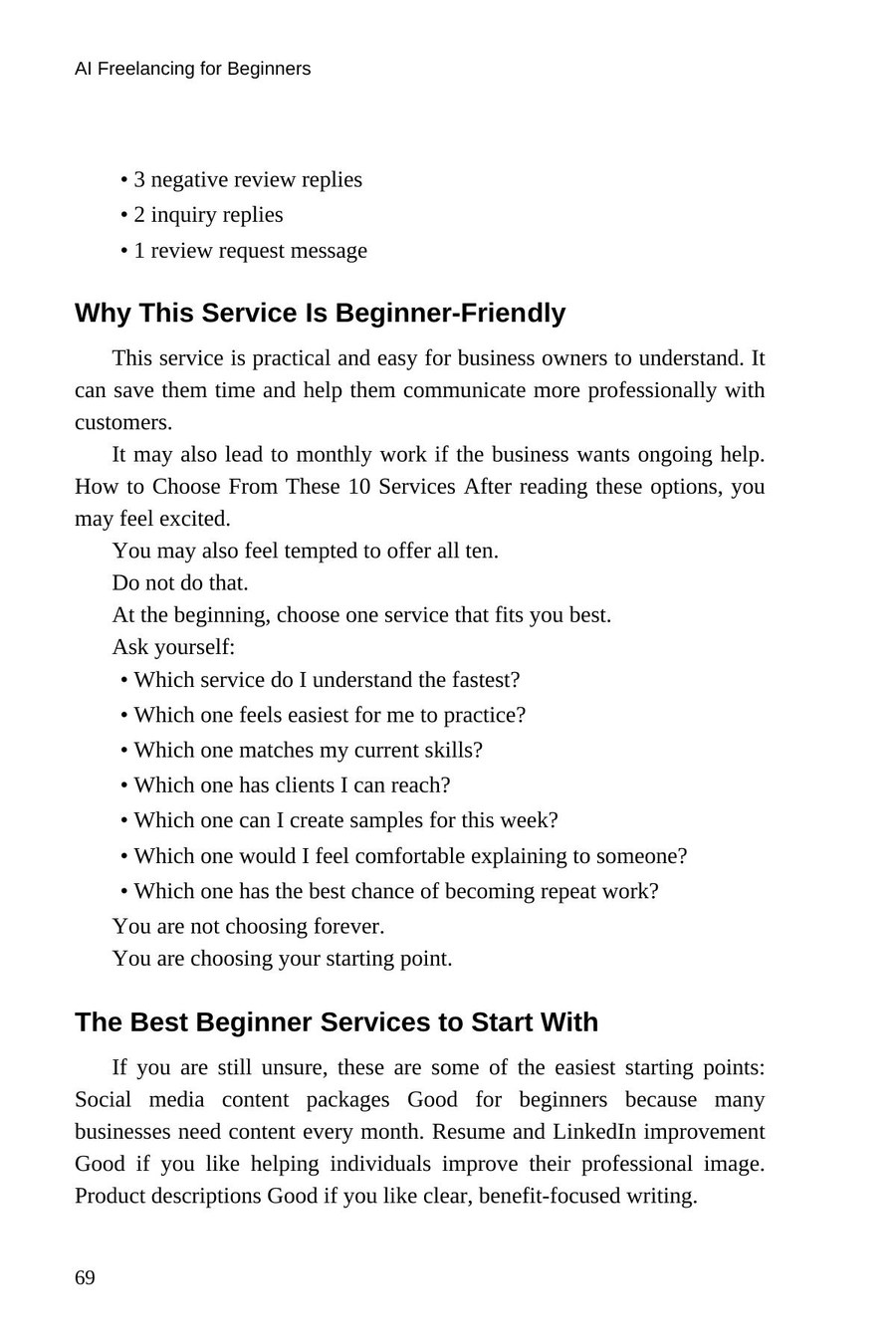 AI Freelancing for Beginners — interior spread: How to choose from the 10 services