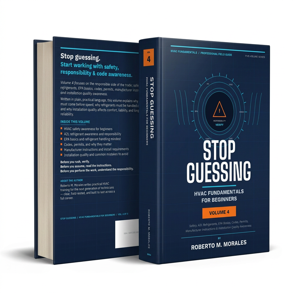 Printed edition of Stop Guessing: HVAC Fundamentals for Beginners — Volume 4 — back 3/4 angle