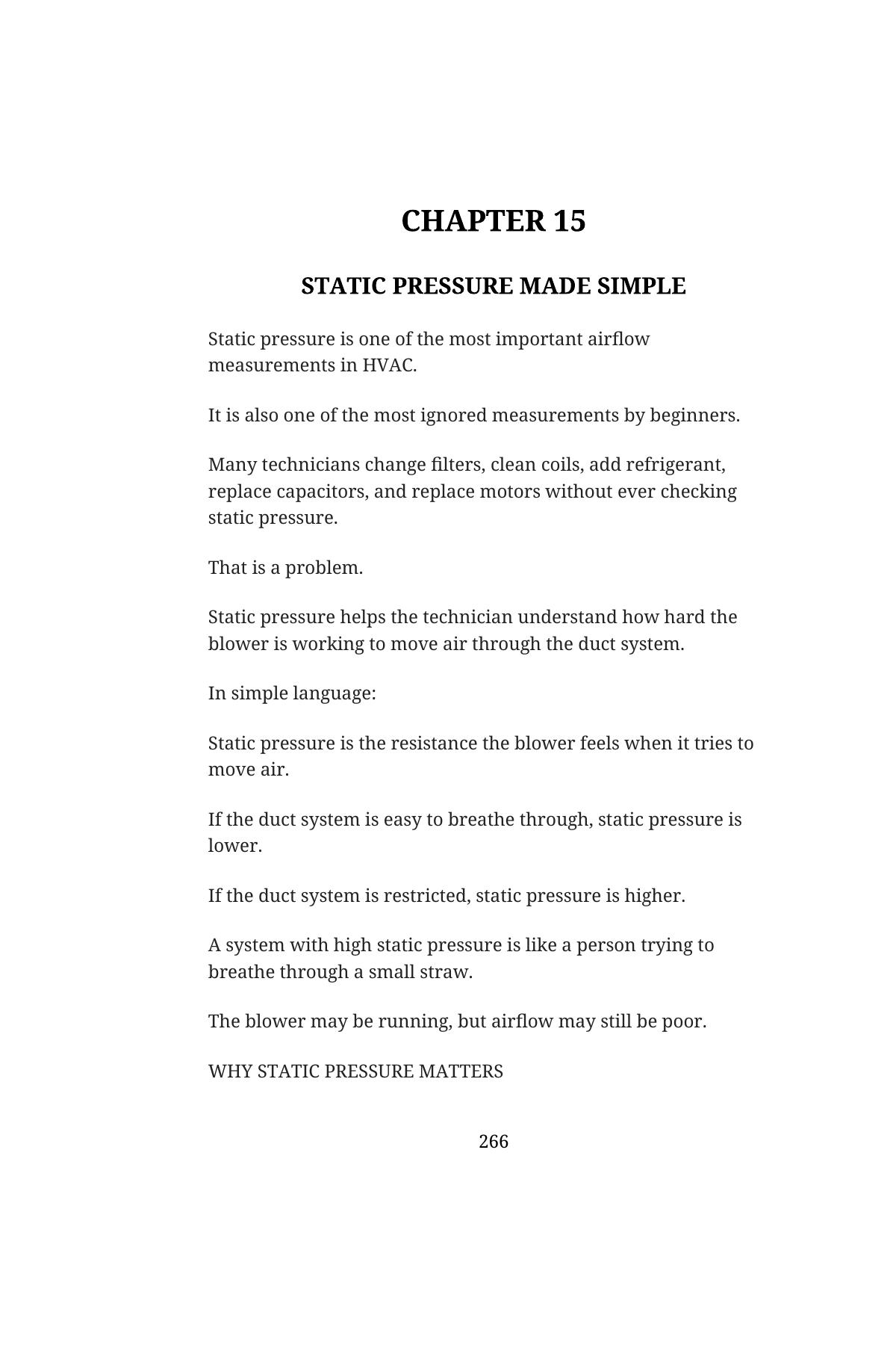 Stop Guessing: HVAC Fundamentals for Beginners — Volume 2 — interior spread: Chapter 15 — Static Pressure Made Simple