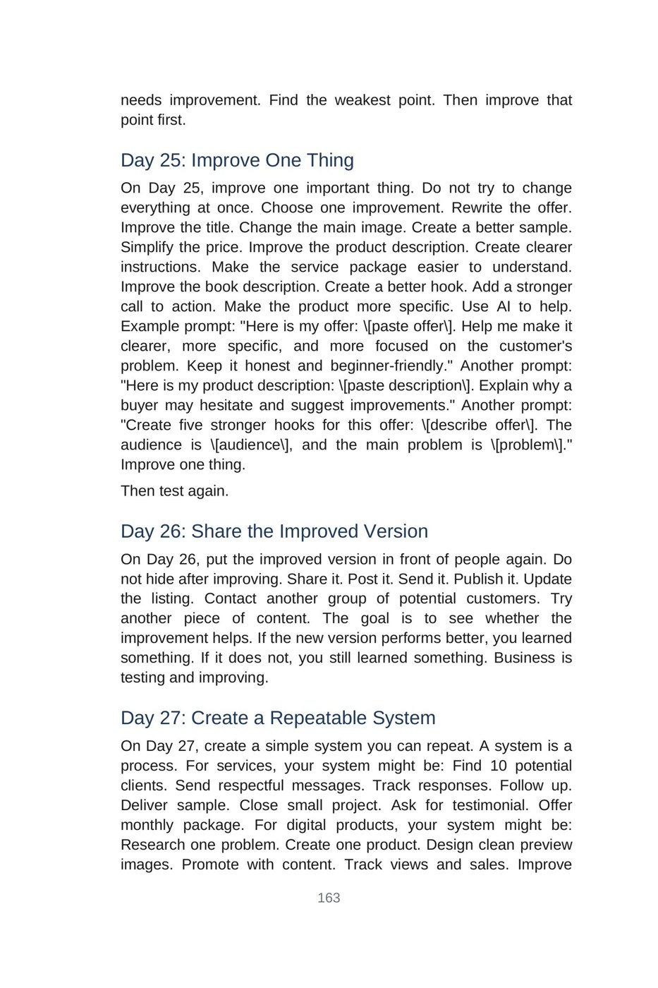 Make Money with AI for Beginners — interior spread: Week 4 — Day 25: improve one thing (p. 163)