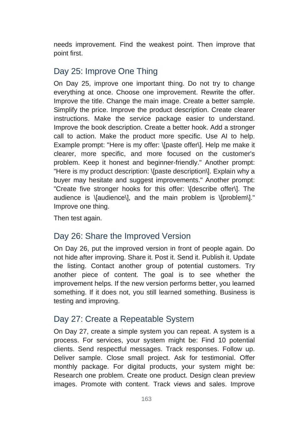 Make Money with AI for Beginners — interior spread: Week 4 — Day 25: improve one thing (p. 163)