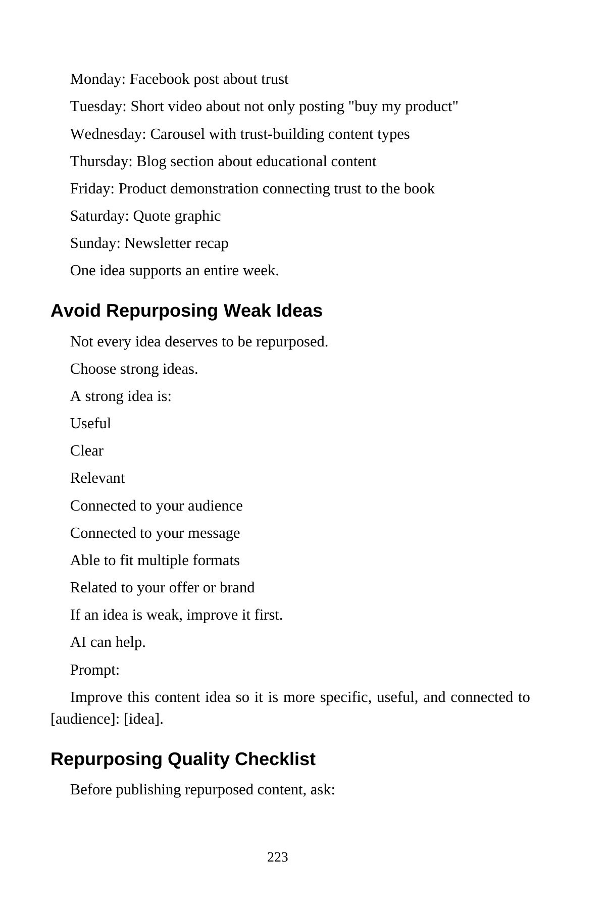 AI Content Creation for Beginners — interior spread: One idea, a full week of content